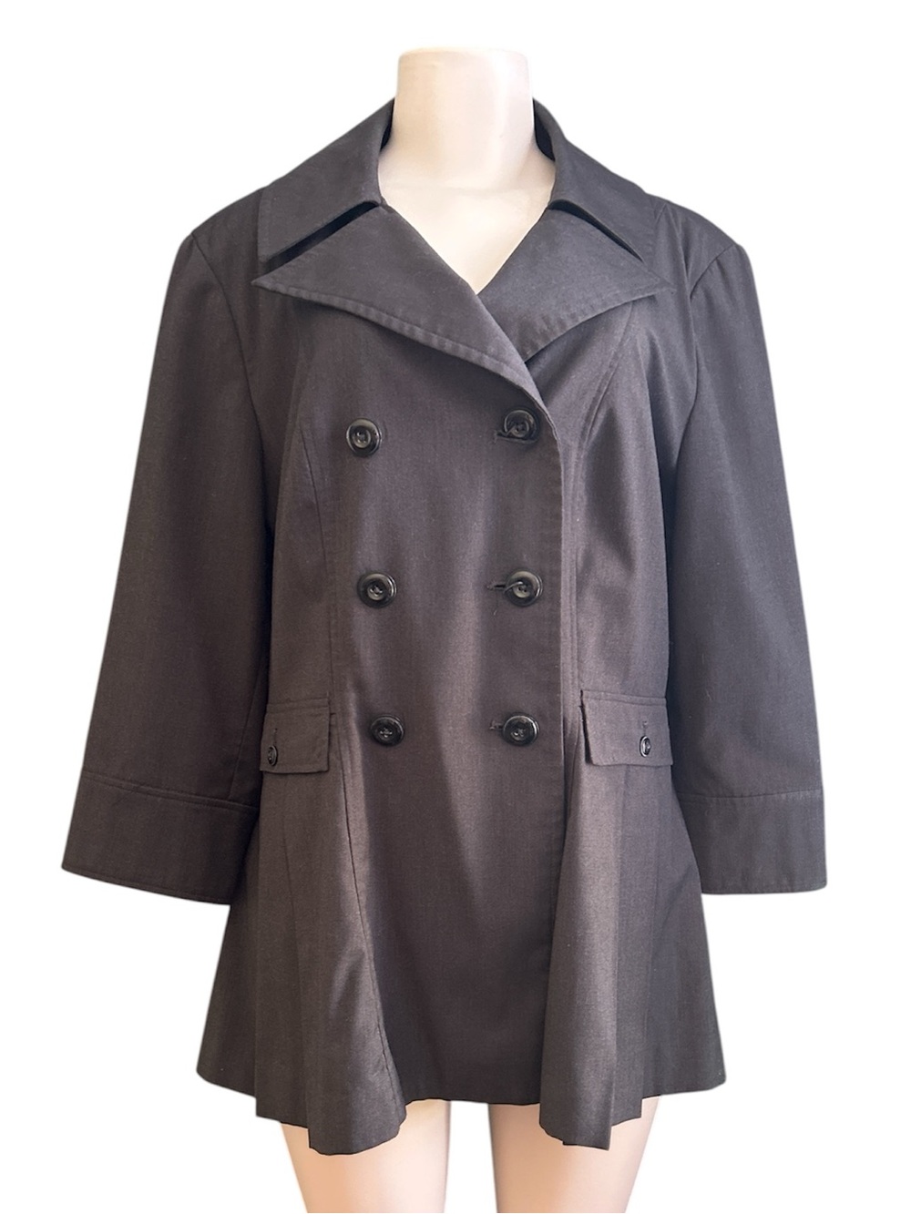 Sharagano Double-Breasted Dark Gray Peacoat with Flared Pleated Peplum Bottom 16